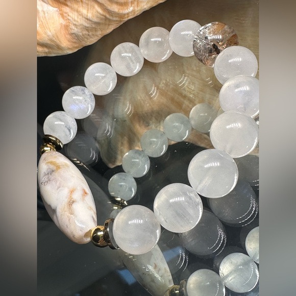 MOONSTONE + DENDRITIC AGATE + PHANTOM NATURAL BRACELET SIZE 7” - Picture 5 of 15